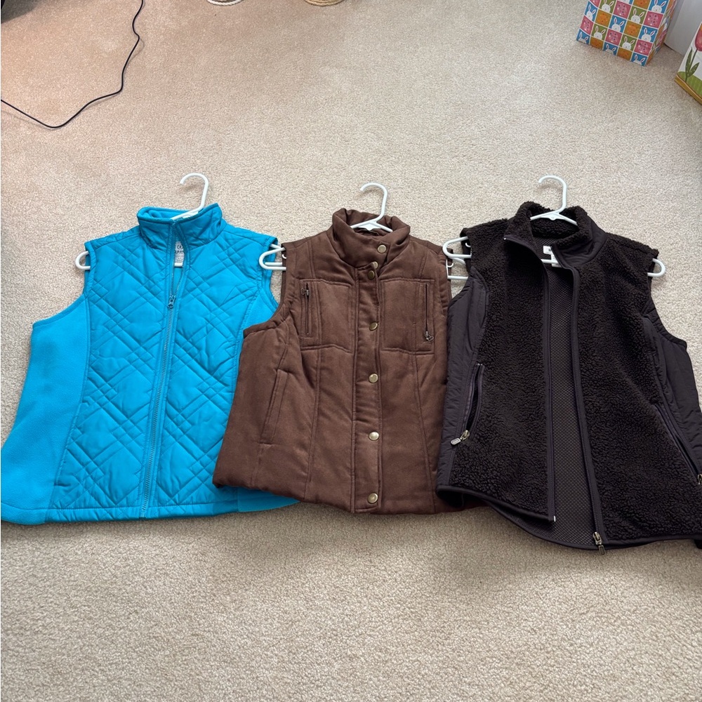 Set of Three Quilted and Fleece Vests - Blue, Brown, Black